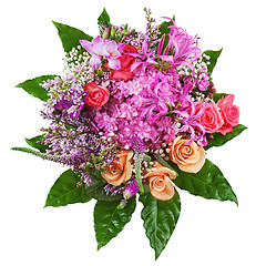 Image showing Floral bouquet of roses, lilies and orchids isolated on white ba