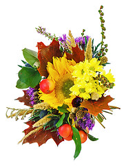 Image showing Bouquet of sunflowers and gerbera flowers isolated on white back