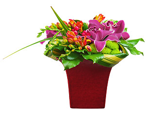 Image showing Colorful flower bouquet arrangement centerpiece in vase isolated