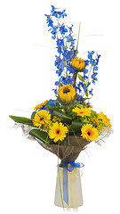 Image showing Bouquet of sunflowers and gerbera flowers  in vase isolated on w