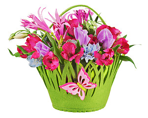Image showing Colorful flower bouquet arrangement centerpiece in baby basket i