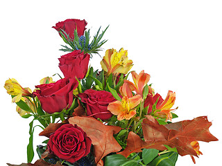 Image showing Fragment of bouquet of roses and lilies arrangement centerpiece 