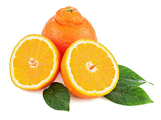 Image showing Fresh orange fruit with green leaves isolated on white backgroun