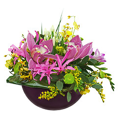 Image showing Colorful flower bouquet arrangement centerpiece in vase isolated