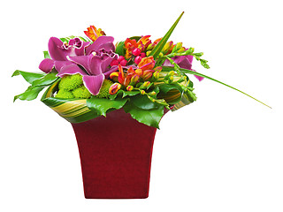 Image showing Colorful flower bouquet arrangement centerpiece in vase isolated