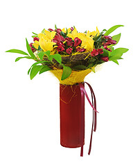 Image showing Colorful flower bouquet arrangement centerpiece in red vase isol