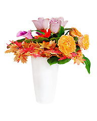Image showing Floral bouquet arrangement centerpiece in white vase isolated on
