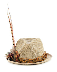 Image showing Hunting hat with pheasant feathers isolated on white.