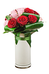 Image showing Colorful flower bouquet from roses in white vase isolated on whi