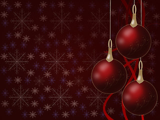 Image showing Christmas balls hanging with tapes on red background with snowfl