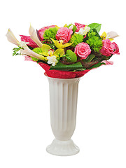 Image showing Colorful flower bouquet arrangement centerpiece in vase isolated