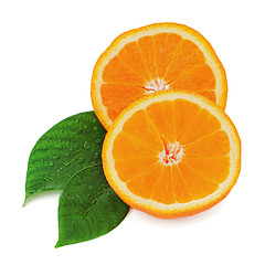 Image showing Fresh orange fruit with green leaves isolated on white backgroun