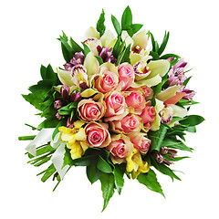 Image showing Floral bouquet of roses, lilies and orchids arrangement centerpi