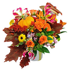 Image showing Autumn arrangement of flowers, vegetables and fruits isolated on