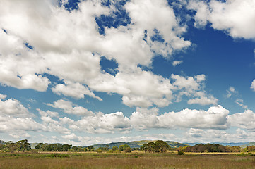 Image showing Landscape with mountain views, blue sky and beautiful clouds.