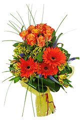 Image showing Colorful bouquet from roses and gerberas isolated on white backg