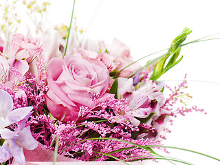 Image showing fragment of colorful bouquet of roses, cloves, orchids and frees
