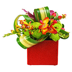 Image showing Bouquet from orchids in red vase isolated on white background. 