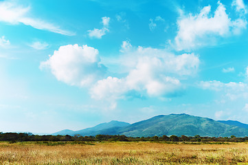 Image showing Landscape with mountain views, blue sky and beautiful clouds.