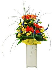 Image showing Colorful bouquet from roses and gerbera flowers isolated on whit