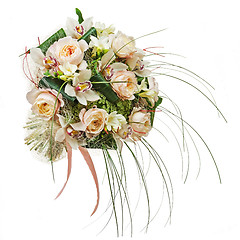 Image showing Flower arrangement of peon flowers and orchids isolated on white