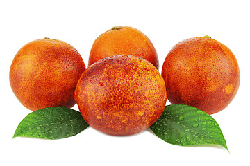 Image showing Ripe red blood oranges with green leaves isolated on white backg