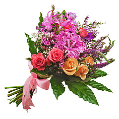 Image showing Floral bouquet of roses, lilies and orchids isolated on white ba