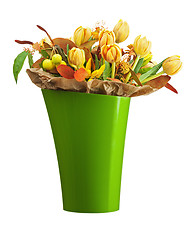 Image showing Colorful bouquet from tulips and gerbera flowers isolated on whi