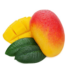 Image showing Fresh mango fruit with cut and green leaves isolated on white ba