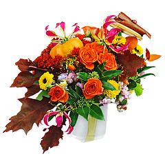 Image showing Autumn arrangement of flowers, vegetables and fruits isolated on