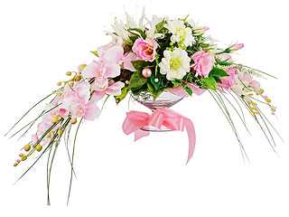 Image showing Floral bouquet of roses and orchids arrangement centerpiece isol