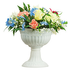 Image showing Colorful flower bouquet arrangement centerpiece in vase isolated