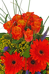 Image showing Colorful bouquet from roses and gerbera flowers isolated on whit