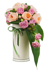 Image showing Colorful flower bouquet from roses and peon flowers in vase isol