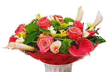 Image showing Colorful flower bouquet arrangement centerpiece in vase isolated