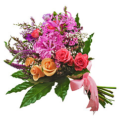 Image showing Floral bouquet of roses, lilies and orchids isolated on white ba