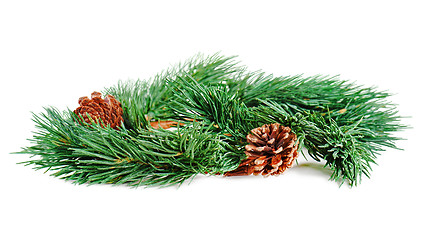 Image showing wreath of fir branches isolated on white background, selective f