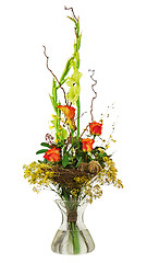Image showing Floral bouquet of roses and gladiolus isolated on white backgrou