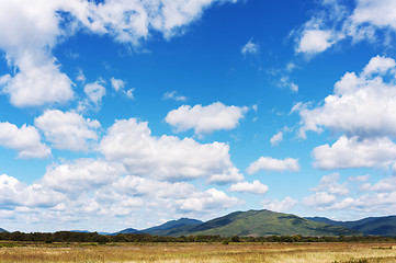 Image showing Landscape with mountain views, blue sky and beautiful clouds.