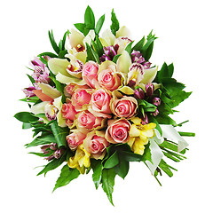 Image showing Floral bouquet of roses, lilies and orchids arrangement centerpi