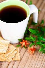 Image showing cup of tea and crackers for breakfast 