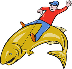 Image showing Fisherman Riding Jumping Trout Fish