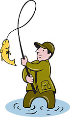 Image showing fisherman fly fishing reeling fish