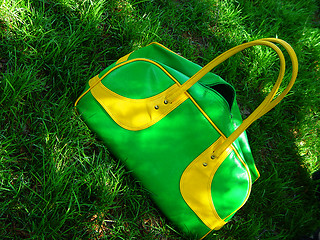 Image showing green summer bag on grass
