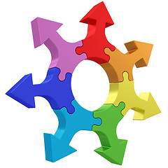 Image showing Colorful arrows joined into jigsaw puzzle wheel on white