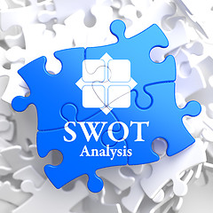 Image showing SWOT Analisis on Blue Puzzle Pieces.