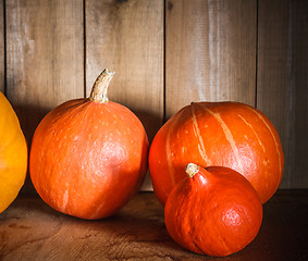 Image showing Pumpkins on grunge wooden backdrop background