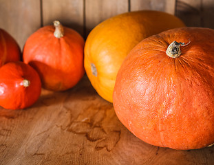 Image showing Pumpkins on grunge wooden backdrop background