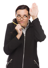 Image showing Timid Mixed Race Businesswoman Raises Her Hand to Ask Question 
