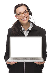 Image showing Mixed Race Businesswoman Wearing Headset Holds Computer With Bla